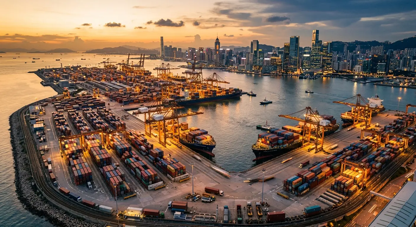 International shipping port with cargo containers at dusk